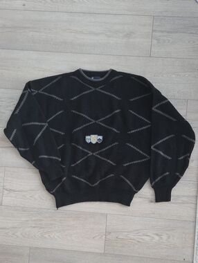 Vintage Bronzini Men's Black Geometric Crewneck Sweater with Crest